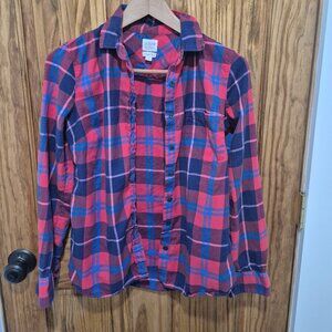 J. Crew Women's X-Small Perfect Fit Long Sleeve Plaid Red Blue Flannel Button Up